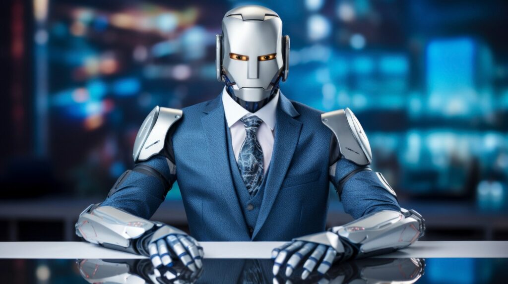 Tech news anchor robot in a suit