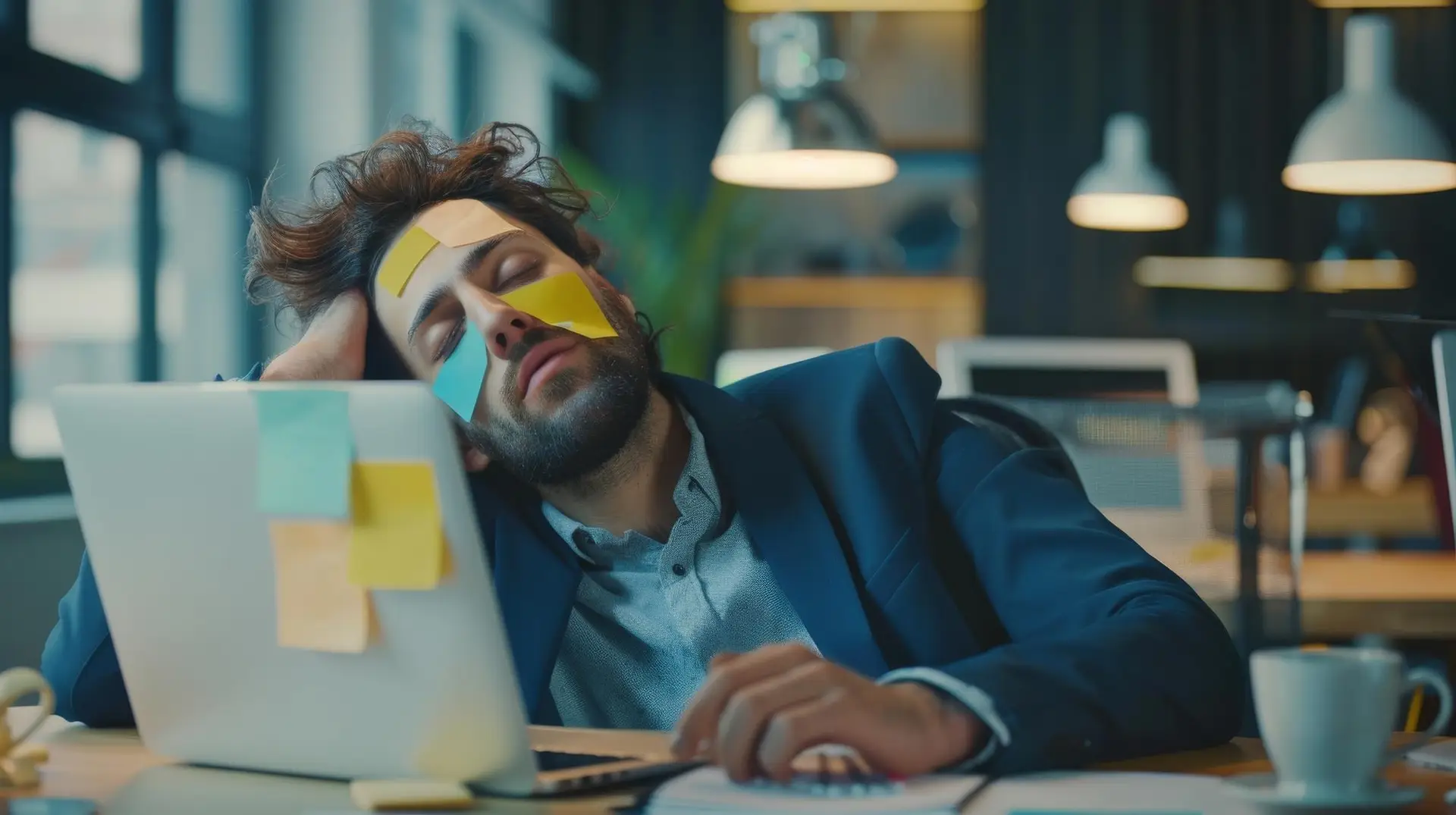 Lazy entrepreneur sleeping at his desk rather than working