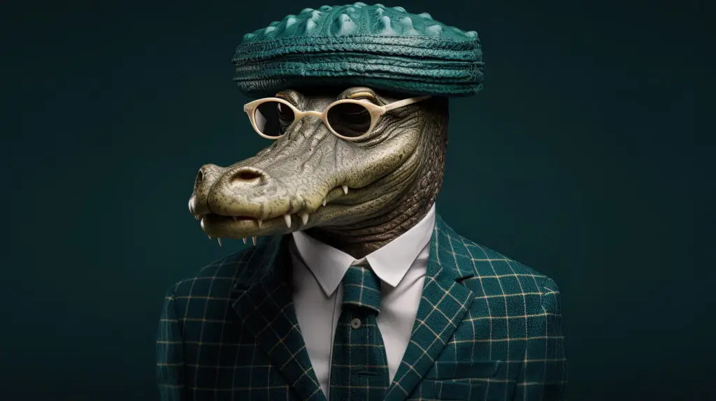 Crocodile in a suit, hat, and glasses