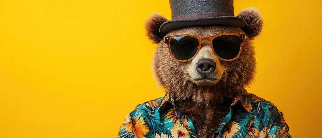 Grizzly bear in sunglasses and a Hawaiian shirt