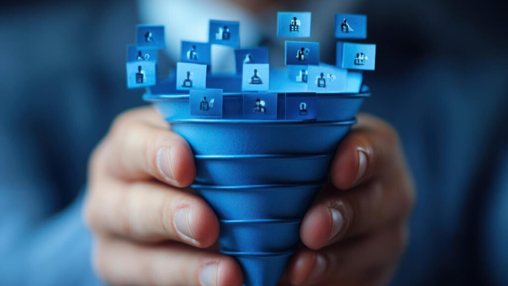 A person is holding a funnel that funnels little customer profiles in.