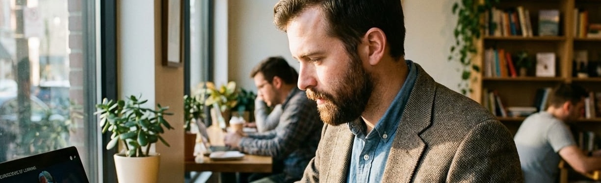 man in a coffeeshop working 