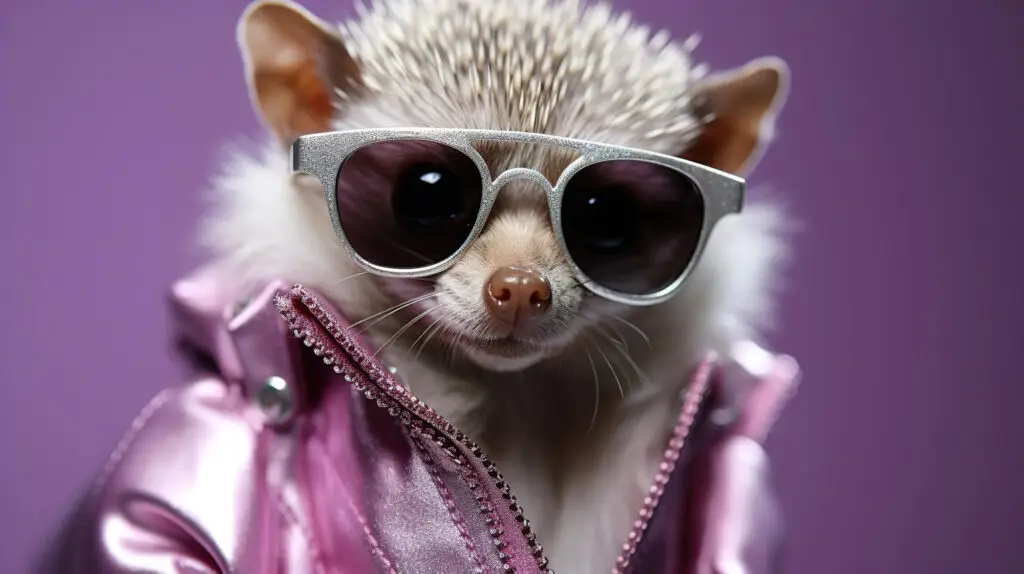 A hedgehog in glasses and a jacket with a purple background