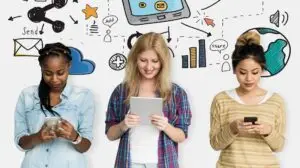 Digital marketers using electronic devices, checking the performance of their campaigns. All around them are illustrations of graphs, charts, and other designs relevant to marketing