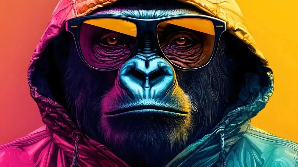 A gorilla in glasses and a hoodie