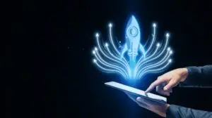 Rocket graphic going up from a tablet, implying scaling an online business