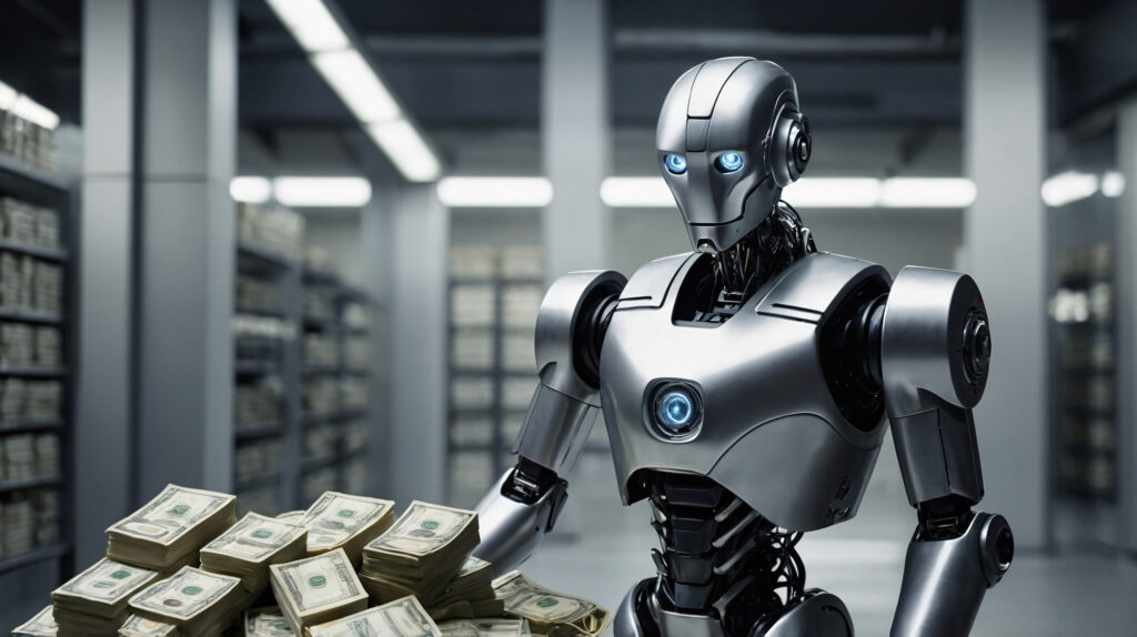 A robot standing next to a large pile of cash