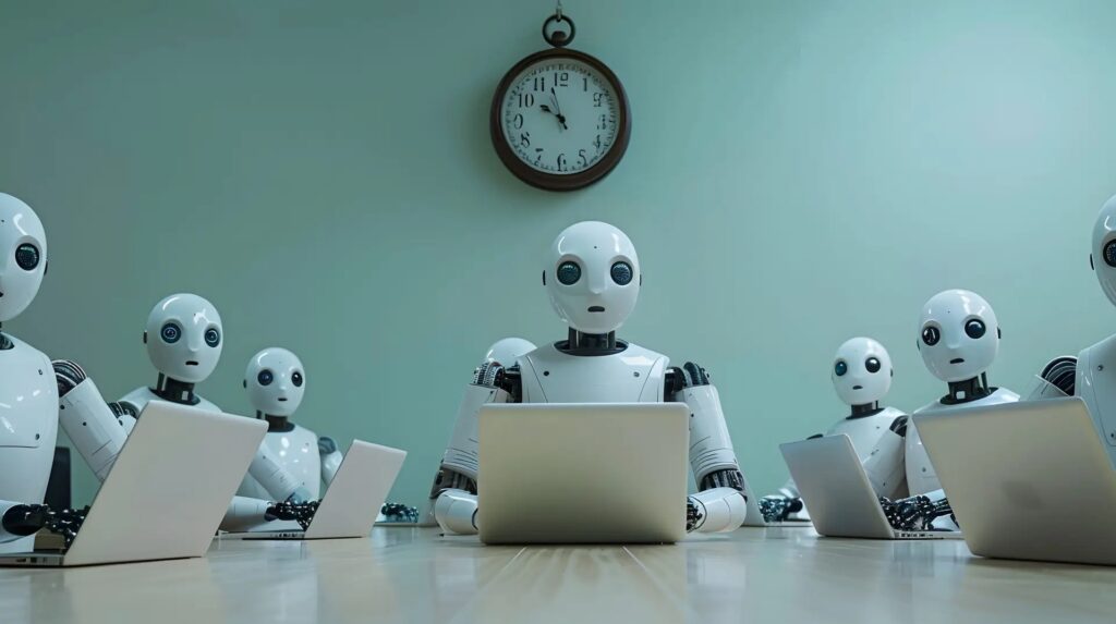 Robots checking the latest tech news on their laptops