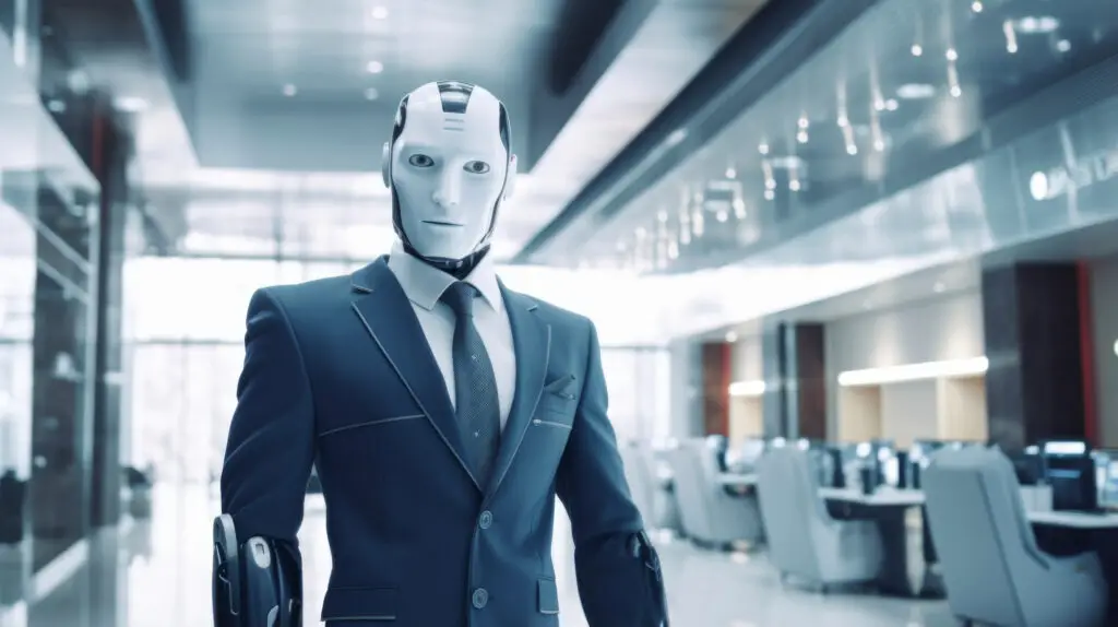 Robot wearing a suit and tie, standing in a workspace