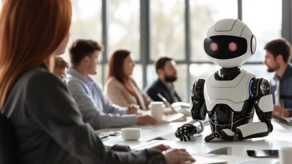 Robot in an office with a group of people