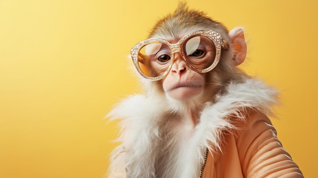 A monkey is wearing glasses and a fur jacket.