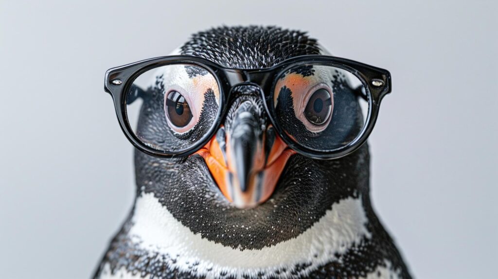 A penguin is wearing glasses.