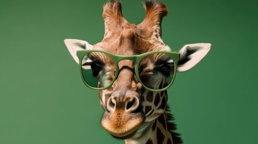 A giraffe is wearing green glasses.