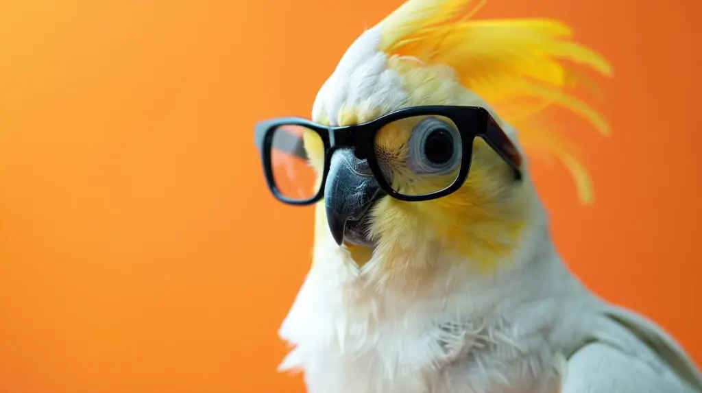 Cockatiel with funky glasses in a soft orange background.