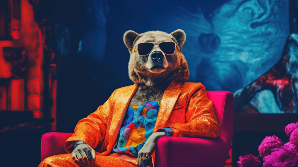 A bear sitting in a chair in an orange suit and glasses.