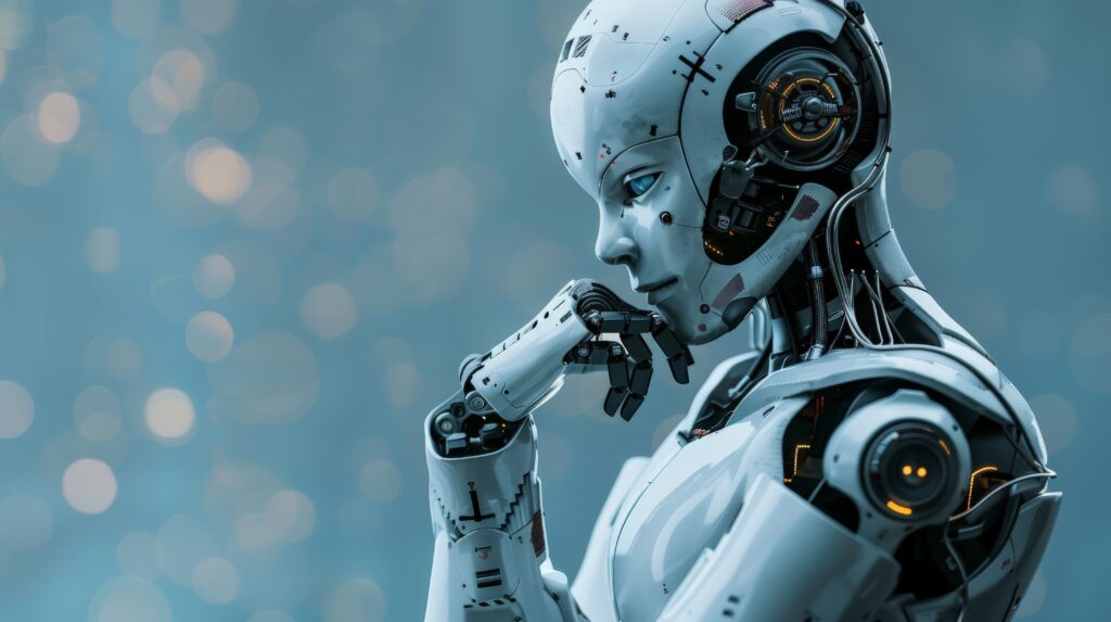 Thoughtful robot with advanced mechanics in a blue environment. Concept of futuristic technology and intelligent machines