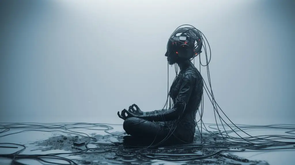 Cyber Zen Amidst the still waters, a figure finds tranquility, connected to the digital realm through a network of glowing cables.