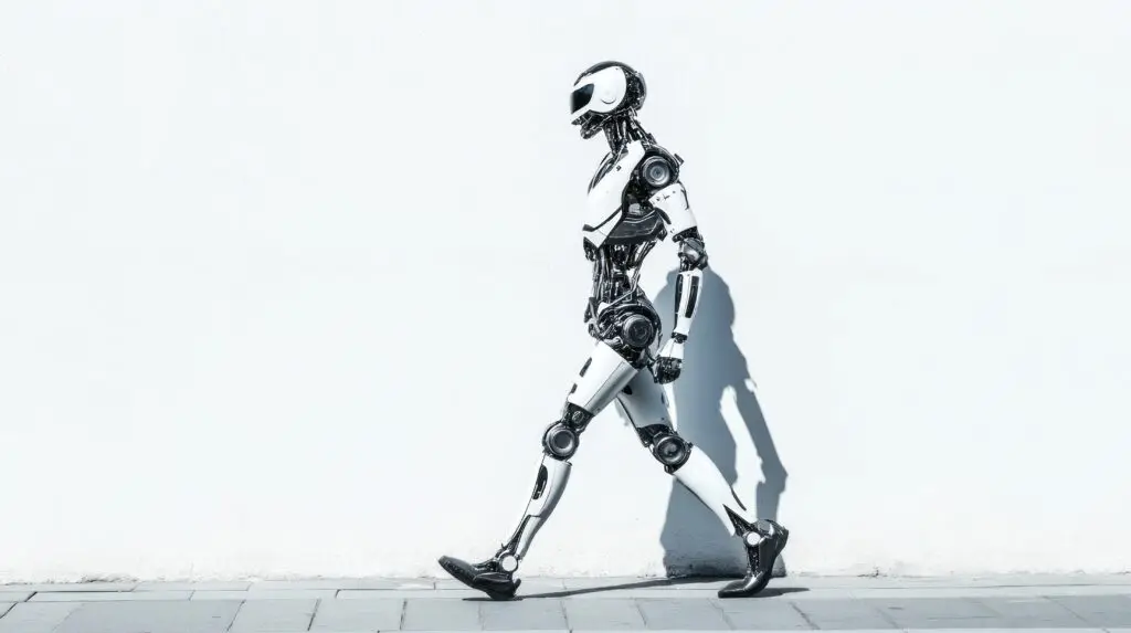 A humanoid robot walking along a minimalist urban environment.