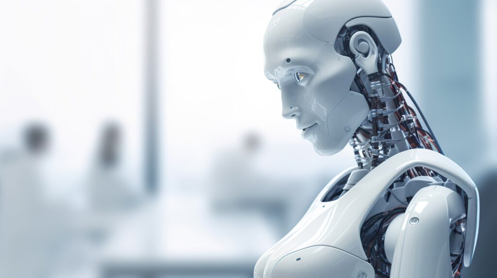 A robot waiting in a modern office for a job interview. Generative AI