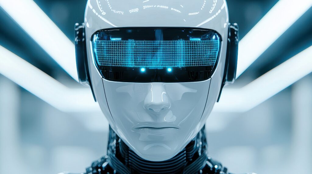 futuristic robot with sleek design and glowing visor stands in high tech environment, showcasing advanced technology and innovation