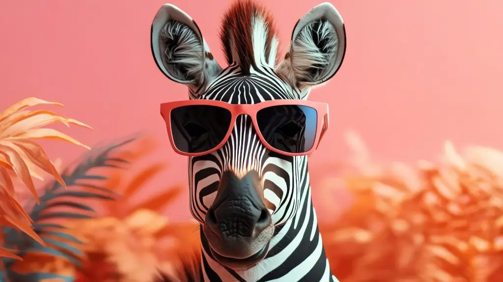 A stylish zebra in tropical attire and sunglasses against a coral background