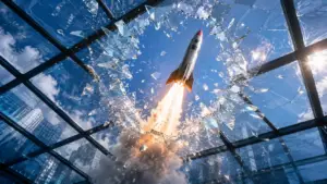 A rocket breaking through a glass ceiling, representing breaking past an ad spend ceiling in paid advertising.